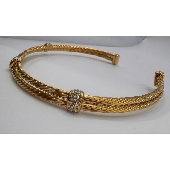 Gold Tone Cable Collar Necklace Rhinestone Accents Designer Style Statement - Picture 5 of 11